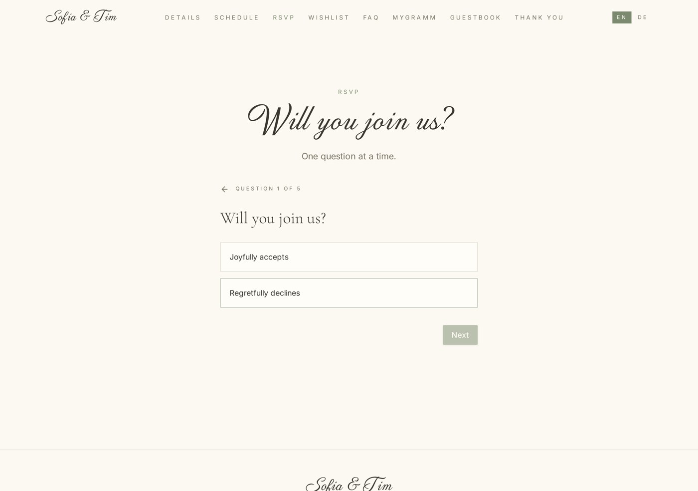 The RSVP page of a wedding site